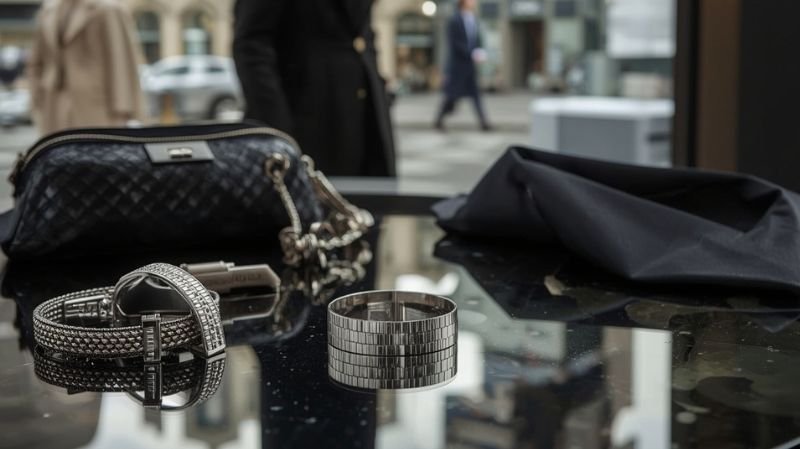 Why is the Balenciaga Tape Bracelet Controversial in 2026? Close-up of luxury bracelets displayed on a glass table inside a fashion boutique, with a designer handbag and blurred city street scene visible in the background.