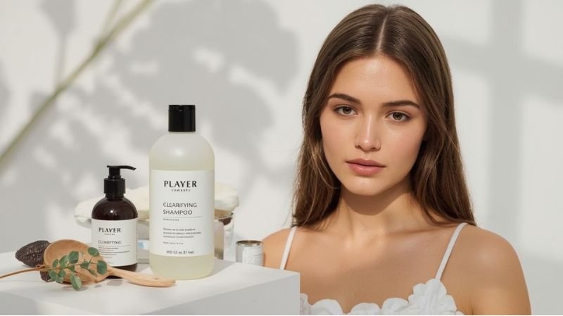 Woman with natural makeup posing beside clarifying shampoo bottles displayed on a white surface in a bright, minimal setting.