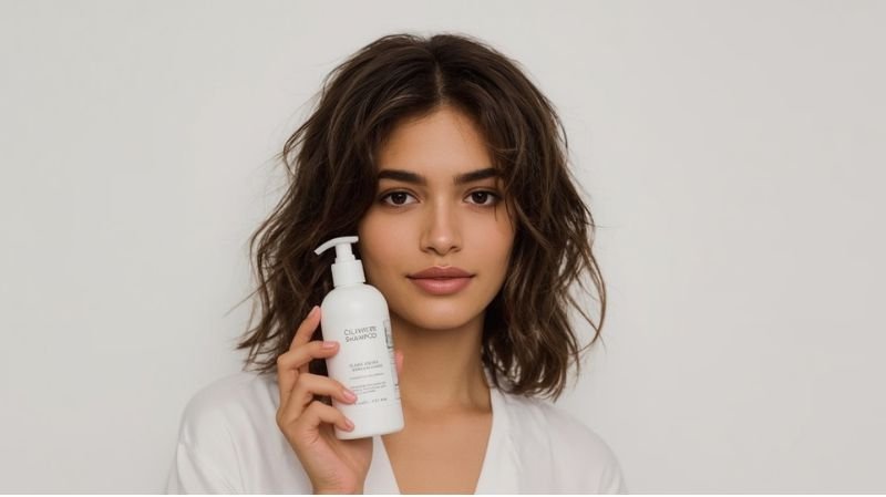 Woman with shoulder-length wavy hair holding a bottle of clarifying shampoo against a neutral background.