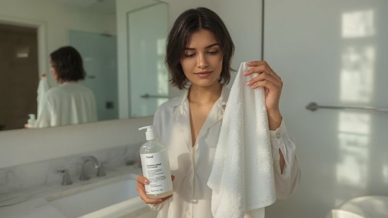 Woman in a bathroom holding a clarifying shampoo bottle and a white towel, preparing for a hair wash routine.