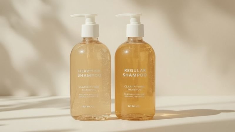 Two clear pump bottles of shampoo standing side by side on a light surface. One bottle is labeled ‘Clarifying Shampoo’ and the other ‘Regular Shampoo,’ both filled with amber-colored liquid and photographed against a soft, neutral background.