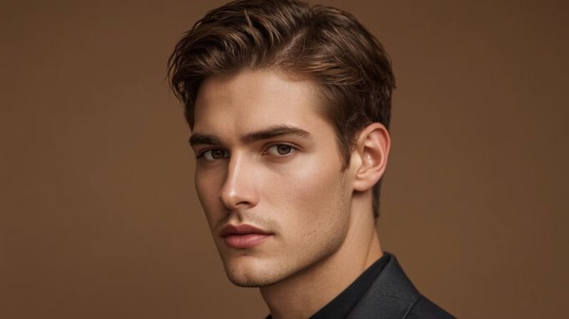 Close-up portrait of a man with neatly styled brown hair and sharp facial features against a warm brown background.