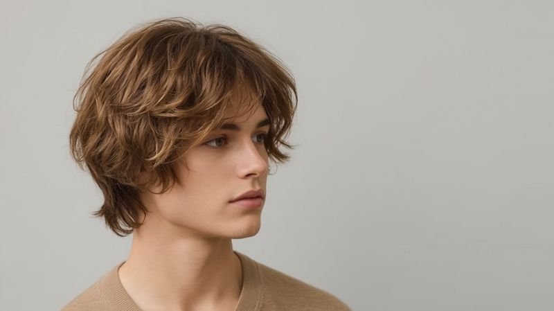Side-profile portrait of a man with medium-length strawberry ginger wavy hair against a soft gray background.