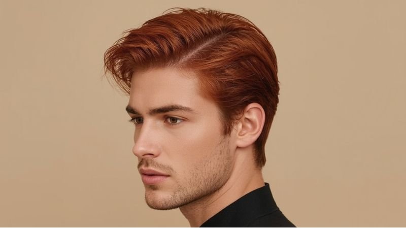 Side-view portrait of a man with neatly styled copper ginger hair and subtle fade against a neutral beige background.