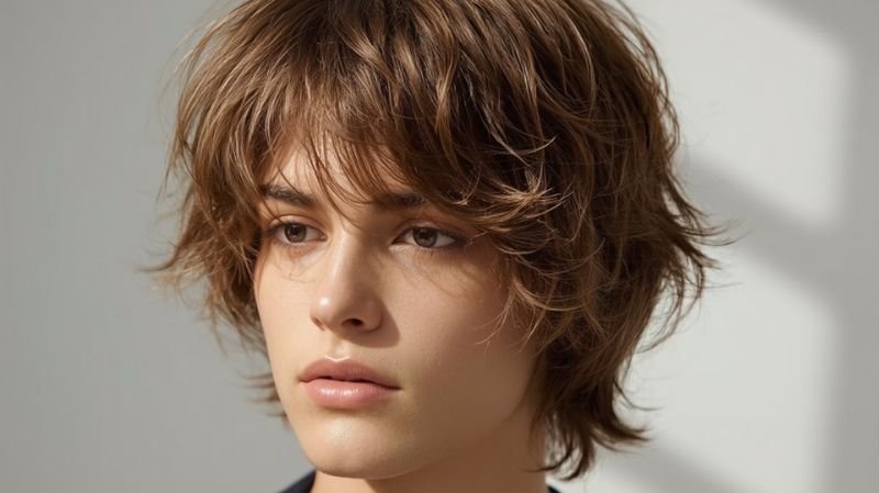 Close-up portrait of a man with layered cinnamon brown ginger hair and soft textured waves in natural light.