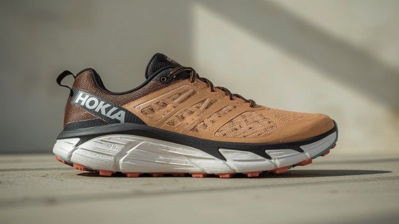 What are the Top 5 Best Trail Running Shoes? Side view of a tan HOKA running shoe with black and white midsole and orange tread, set against a neutral background.