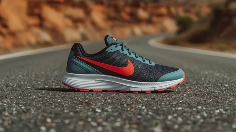 What are the Top 5 Best Trail Running Shoes? Side view of a black and teal Nike running shoe with a red swoosh and white sole, placed on a paved road with rocky cliffs in the background.