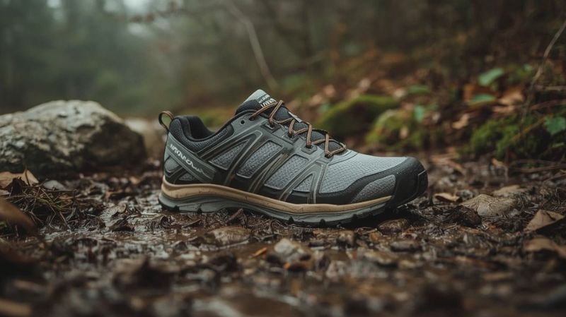 What are the Top 5 Best Trail Running Shoes? Side view of a gray and black trail running shoe with brown laces on a rocky forest path, surrounded by leaves and moss.