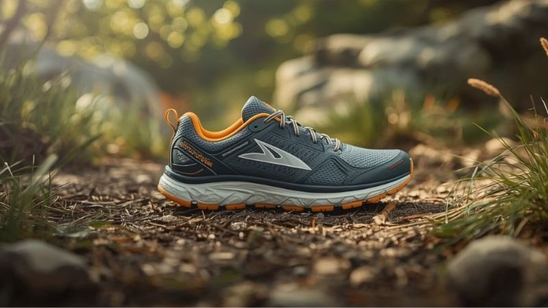What are the Top 5 Best Trail Running Shoes? Side view of a blue-gray trail running shoe with orange accents and a white sole, placed on a dirt path with grass and rocks in a sunlit outdoor setting.