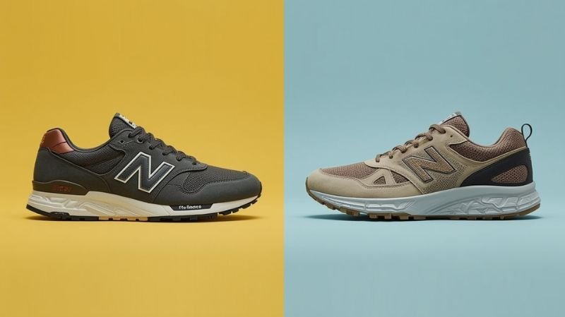 What are the Top 5 Best Trail Running Shoes? Two New Balance sneakers shown side by side: a dark gray shoe with brown accents on a yellow background, and a beige and brown shoe on a light blue background.