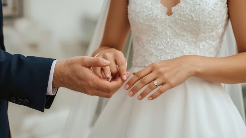 Do You Wear Your Engagement Ring on Your Wedding Day? Explained Modern bride showing her engagement ring while the groom holds her hand.