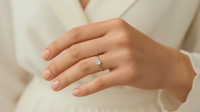 Do You Wear Your Engagement Ring on Your Wedding Day? Explained Close-up of a hand wearing a diamond engagement ring.
