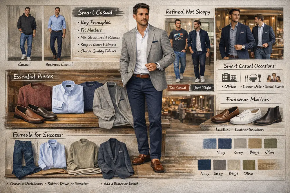 Smart casual dress code for men with outfit ideas, essentials, and footwear guide.