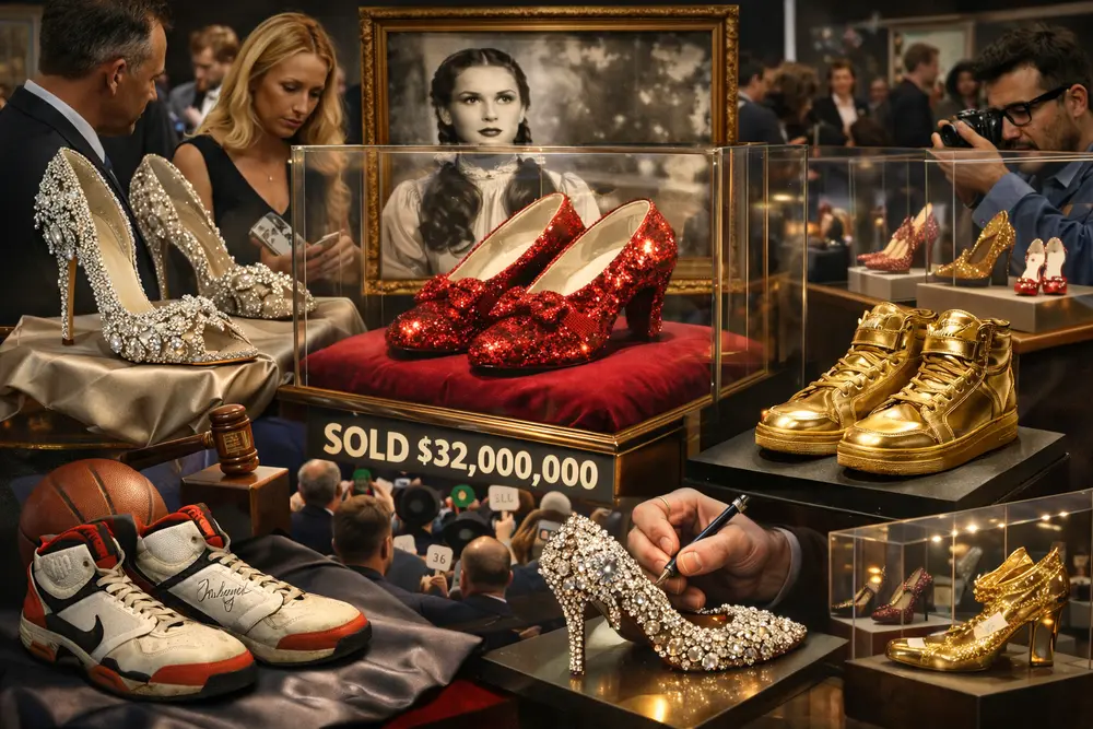 What is the Most Expensive Shoe in the World? Luxury display of the most expensive shoes, including ruby slippers, diamond-studded heels, and collectible sneakers showcased at a high-end auction.