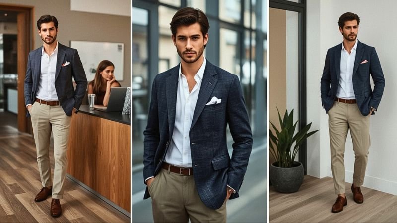 What is a Smart Casual Dress Code For Men? A stylish man in a navy blazer, white shirt, beige trousers, and brown leather shoes, showcasing a professional look in an office.