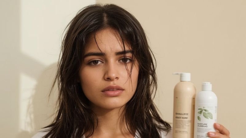 How to make your hair not look greasy in 5 minutes? Woman with visibly oily hair holding haircare products, demonstrating how overwashing can lead to excess grease and an imbalanced scalp.