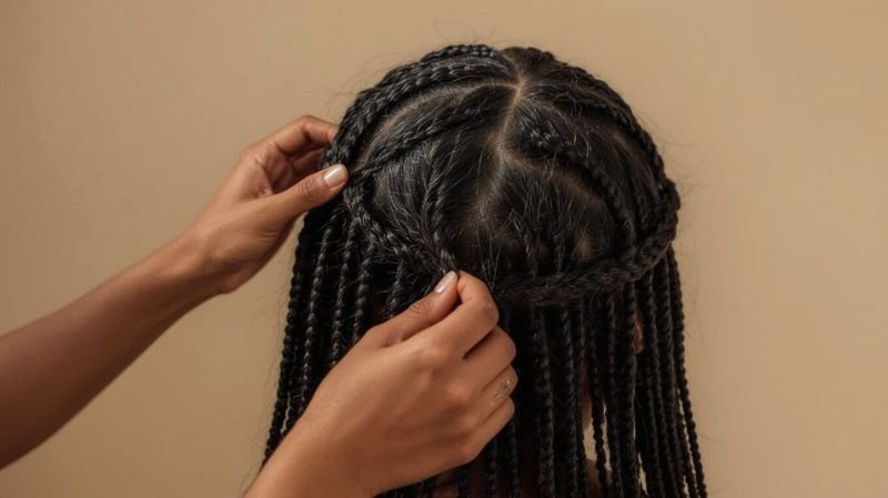 Hands braiding neat cornrows on dark hair with clean scalp parting.
