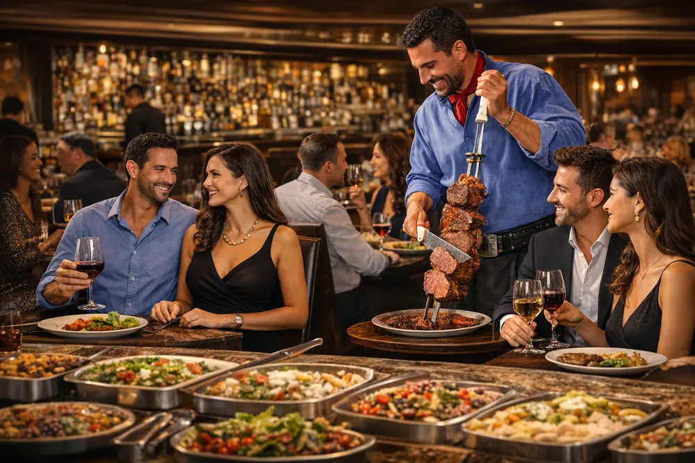 Smart casual dress code at Texas de Brazil with gaucho carving steak tableside for well-dressed diners.