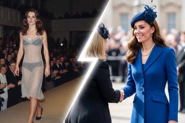 Kate Middleton Fashion Show: The Little-Known Runway Moment That Changed Royal Fashion History Kate Middleton fashion evolution: A side-by-side of the iconic St Andrews University charity fashion show runway look and Catherine Princess of Wales in a tailored royal blue diplomatic outfit.
