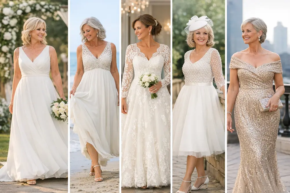 5 Elegant Wedding Dresses For Older Brides Elegant wedding dresses for older brides: A-line, empire waist, lace, tea-length, and nontraditional gowns