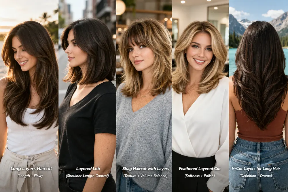 5 Layered Haircuts For Thick Hair featuring realistic models with long layers, lob, shag, feathered, and V-cut styles in a full-width salon-inspired setting