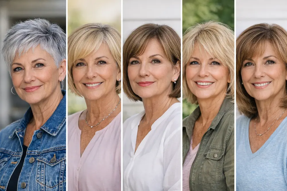 Low-maintenance hairstyles for women over 60 with fine hair including pixie, layered bob, shag, and shoulder-length layers.