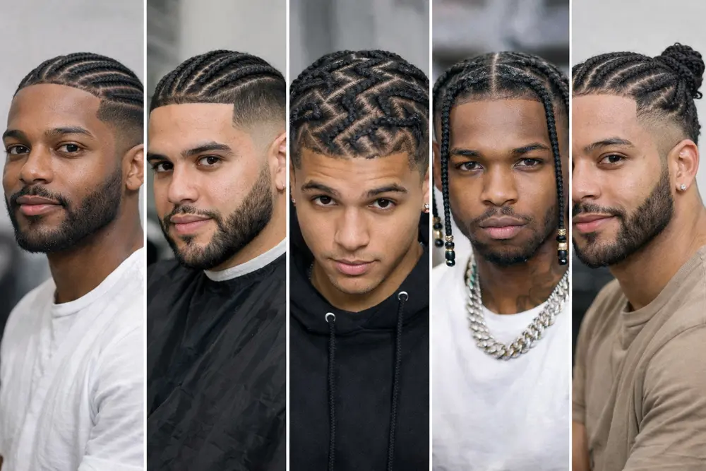 Five men with trending 2026 cornrow hairstyles, faces visible, including straight-back, fade, zigzag, Pop Smoke, and bun corn rolls styles.