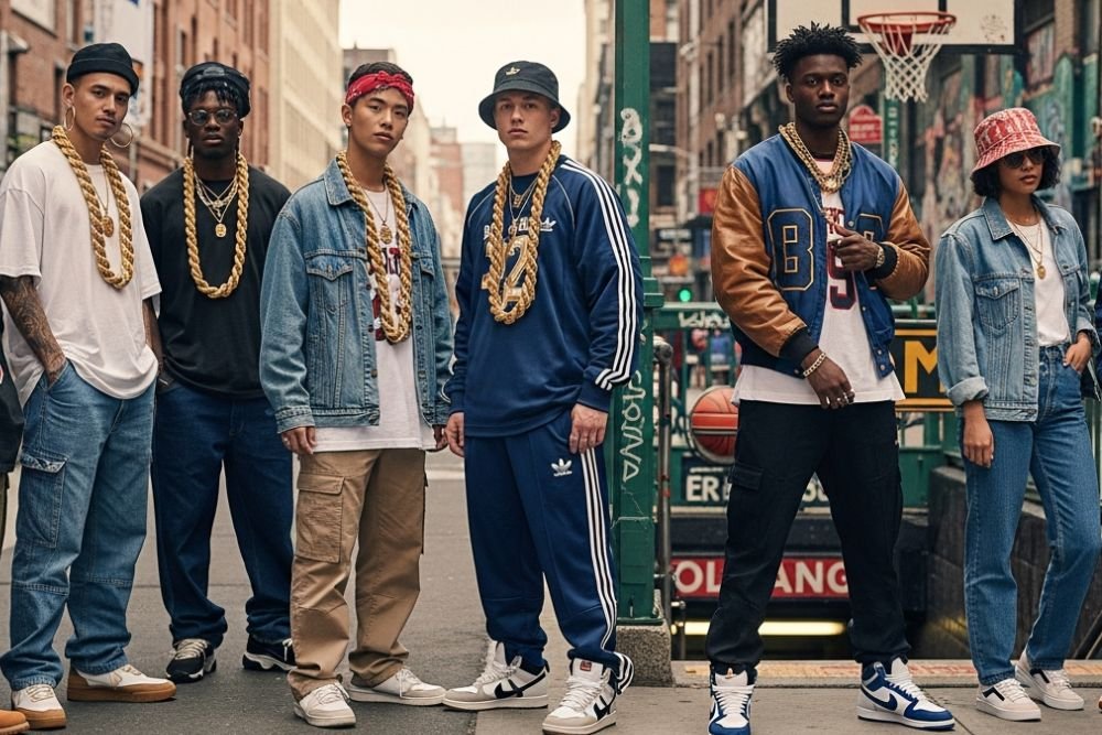 Group in 90s Hip Hop Outfits: Retro Streetwear Looks to Recreate with baggy denim, chains, and sneakers in city street