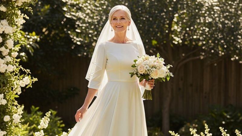Mature bride in elegant white wedding dress with veil holding rose bouquet at outdoor garden wedding