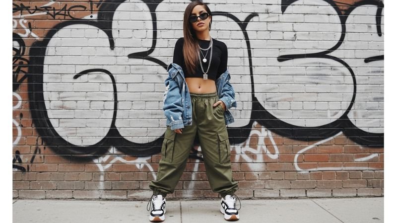 Aaliyah-Inspired Outfit with crop top, cargo pants, denim jacket, sunglasses, and sneakers urban street style