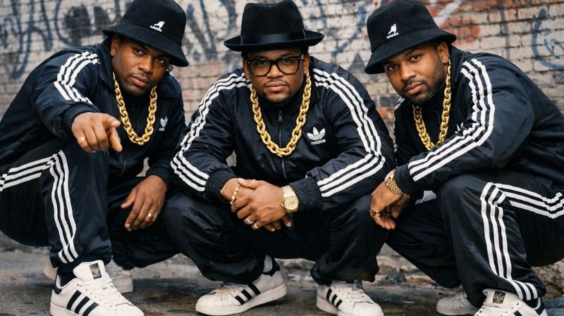 Adidas Tracksuits and “My Adidas” Style with black tracksuits, gold chains, Kangol hats, and sneakers