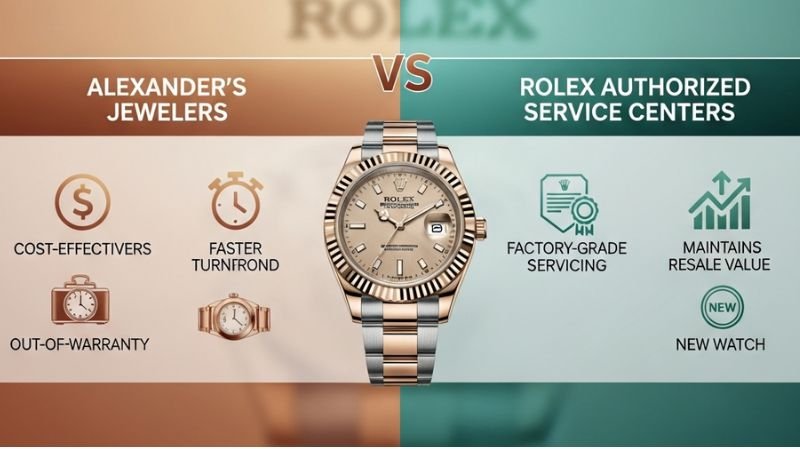 Evaluating Alexander’s Jewelers Rolex Servicing: Expert Review Alexander’s Jewelers vs Rolex Authorized Centers comparison infographic showing cost-effective servicing vs factory-grade service and resale value benefits