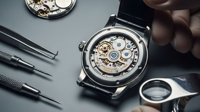 Close-up of a mechanical watch movement being inspected with tools and a magnifying loupe to verify authenticity and craftsmanship.