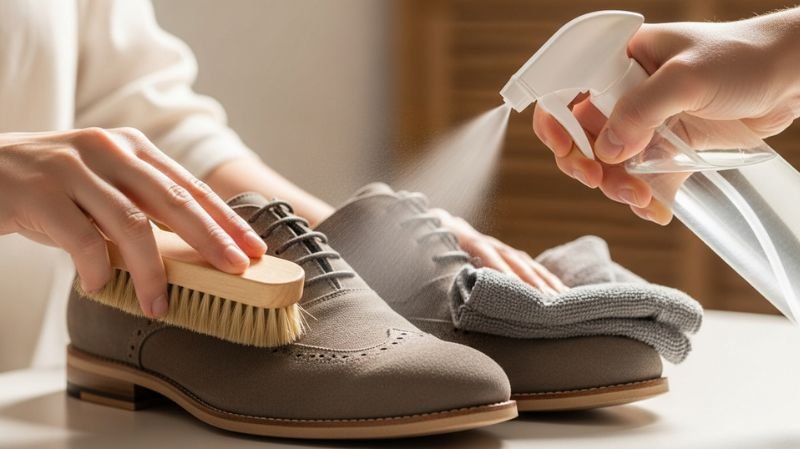 Hands brushing suede shoes and spraying protector, Apply Suede Protector Spray evenly to protect and maintain finish