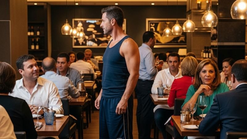 Man wearing a tank top and athletic wear in an upscale steakhouse restaurant illustrating what not to wear under the Fogo de Chão dress code.