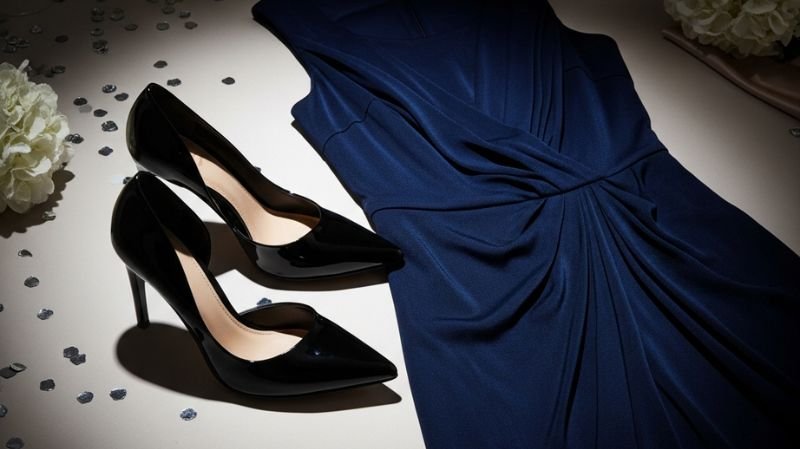 How to Accessorize a Navy Blue Dress for a Wedding (Shoes, Jewelry & More) Black Shoes (Modern Classic) – sleek black high heels paired with elegant navy dress and soft floral decor