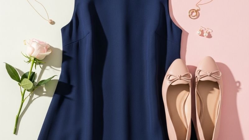 What Color Shoes to Wear With a Navy Dress? Navy blue dress styled with Blush or Pink Shoes (Soft & Feminine), delicate jewelry, and rose accents for an elegant outfit