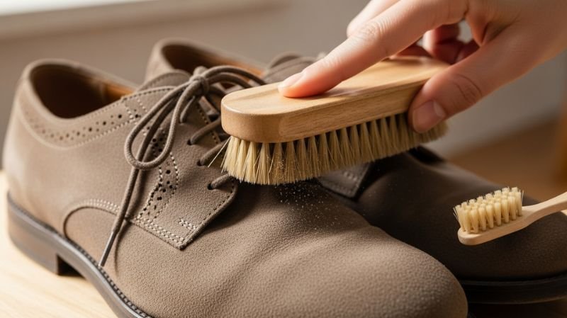 Brush off extra dirt from suede shoes using a soft brush to remove surface dust and keep texture clean and well maintained