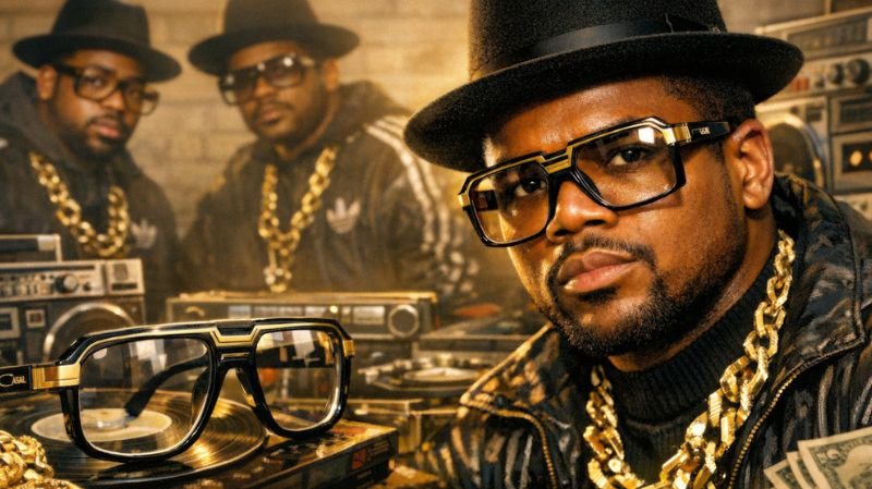 Stylish 90s hip hop man wearing bold Cazal Glasses 607, gold chain, bucket hat, and colorful streetwear in urban setting.