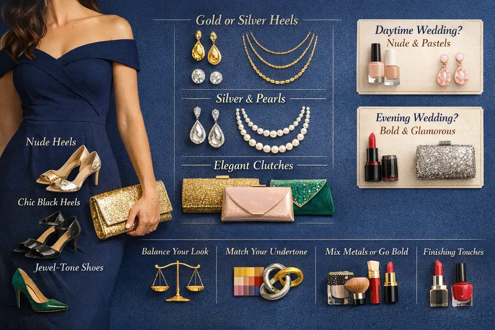 How to Accessorize a Navy Blue Dress for a Wedding (Shoes, Jewelry & More) How to accessorize a navy blue dress for a wedding with shoes, jewelry, clutches, and makeup for day and evening events