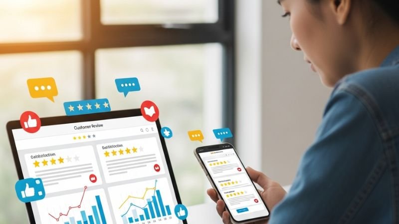 What Is the Purpose of Comparison Shopping? Key Benefits Shopper checking customer reviews and ratings on laptop and smartphone before buying a product.