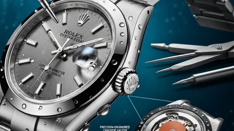 Close-up of luxury stainless steel watch showing water-resistant case design and precision engineering details.