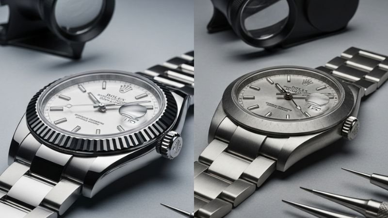 Real vs fake Rolex watch comparison showing polishing quality, alignment, and finishing details.