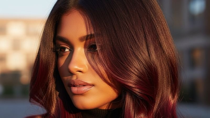 Chocolate Cherry Brunette hair with glossy deep brown base and rich red highlights, styled in soft waves