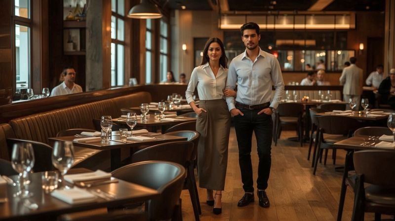 Couple wearing smart casual outfits at an upscale steakhouse restaurant demonstrating the recommended Fogo de Chão dress code.