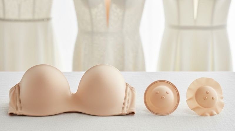 Comfortable nude strapless bra and nipple covers for wedding dress shopping.