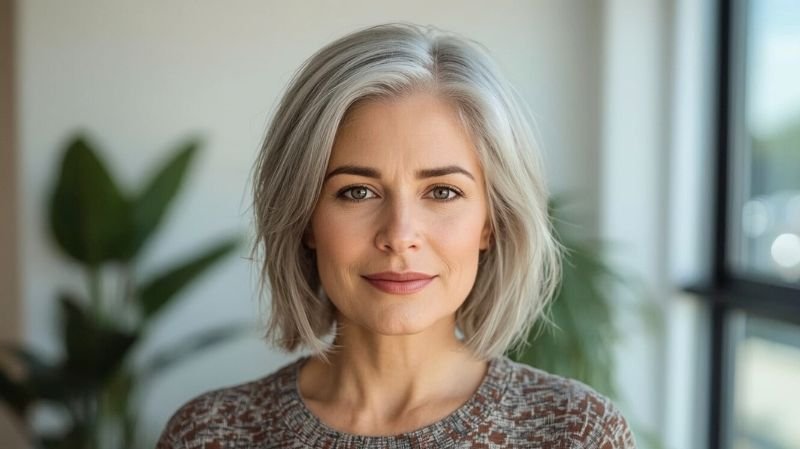 Woman over 60 with fine silver hair styled in a classic chin-length bob with soft volume.