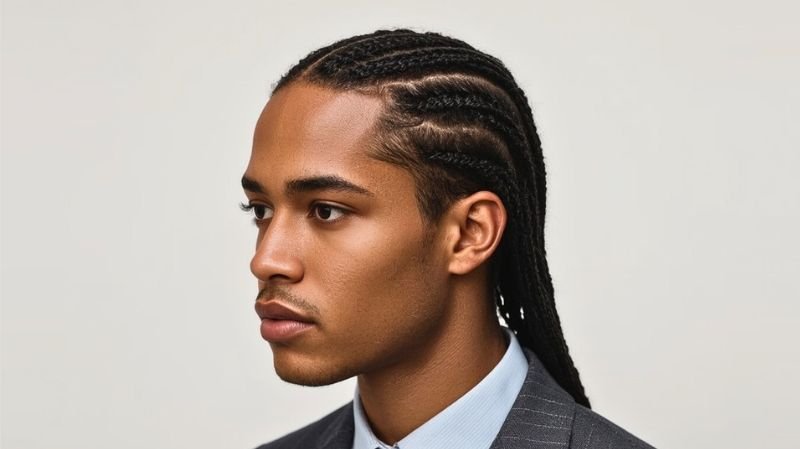 Man with classic straight-back cornrow braids wearing a suit, side profile on neutral background.