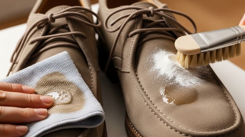 Combat Oil and Grease with Baking Soda, Cornstarch, or Dish Soap on suede shoes to absorb stains and restore texture