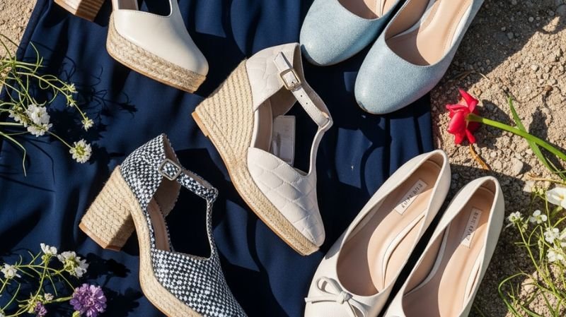 How to Accessorize a Navy Blue Dress for a Wedding (Shoes, Jewelry & More) Comfortable Options women’s shoes including espadrilles, flats, and block heels displayed outdoors on fabric with flowers